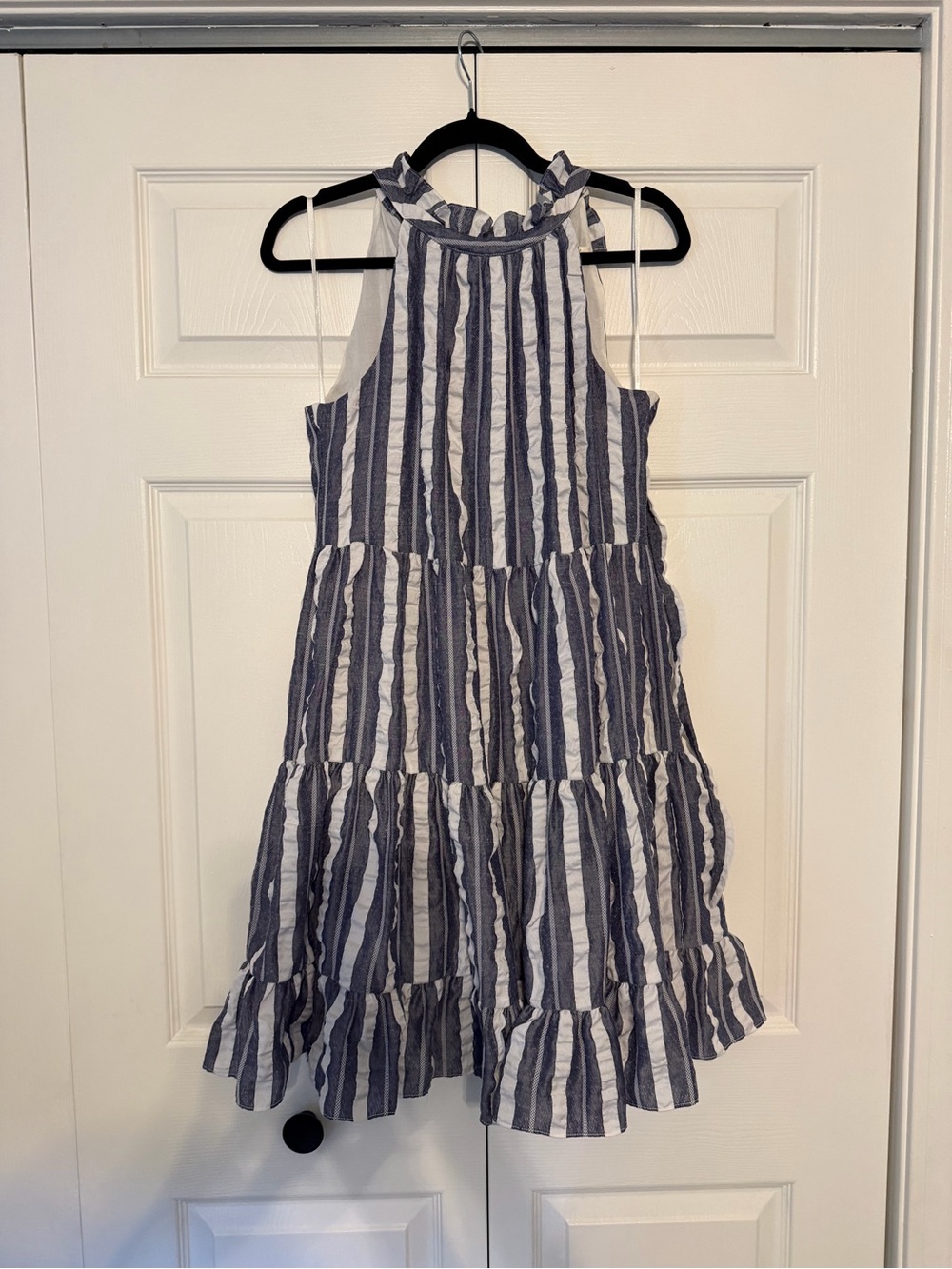 Eliza J Blue and White Striped Ruffle Halter Tiered Dress